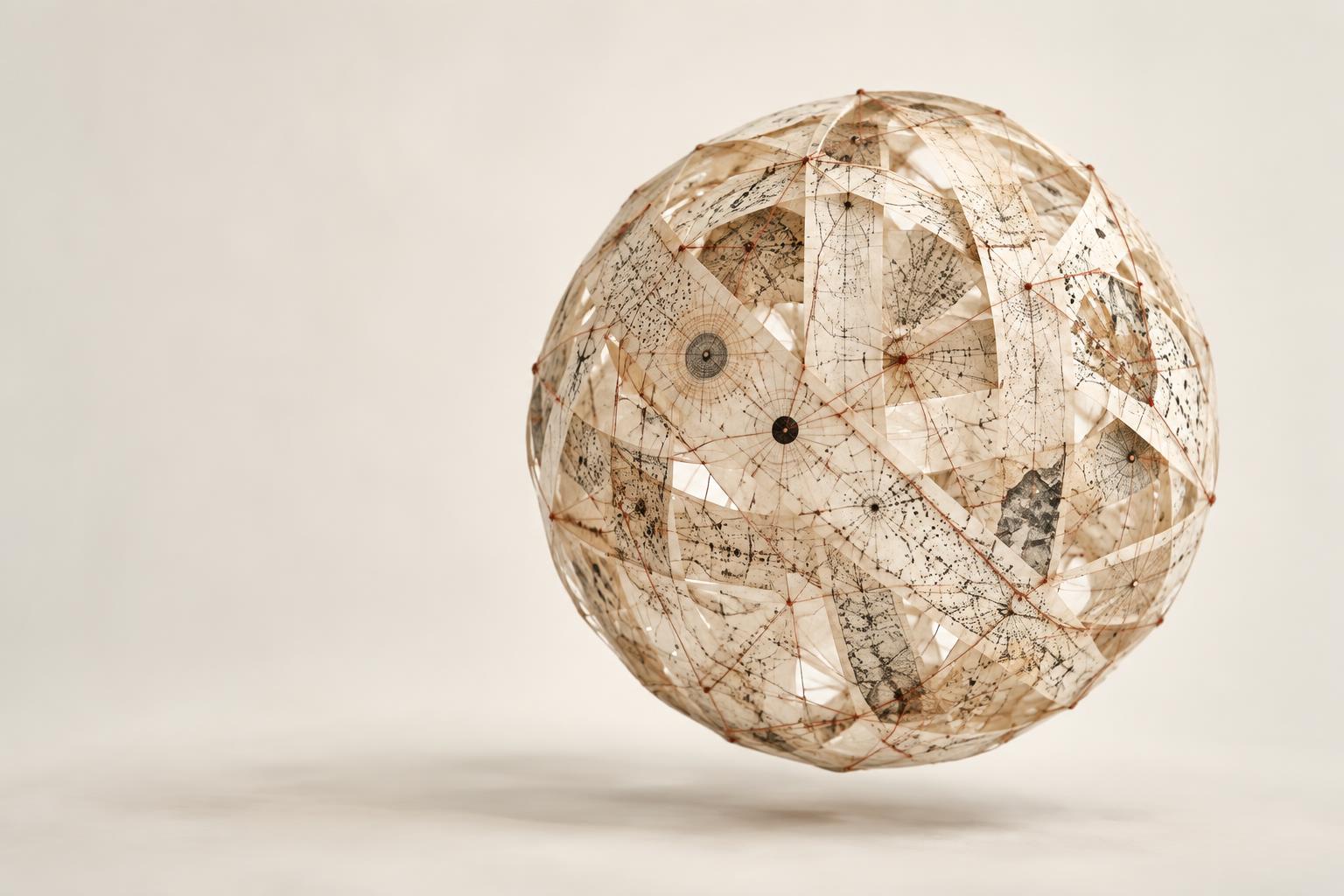 Esfera de fragmentos de textos e mapas conectados: camadas de conhecimento em diálogo